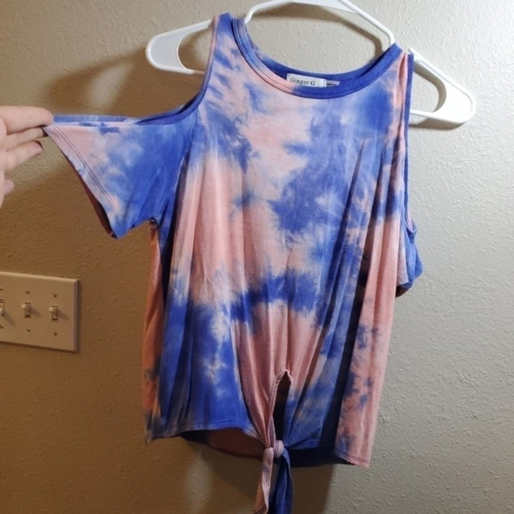 Tie dye cold shoulder waist tie shirt